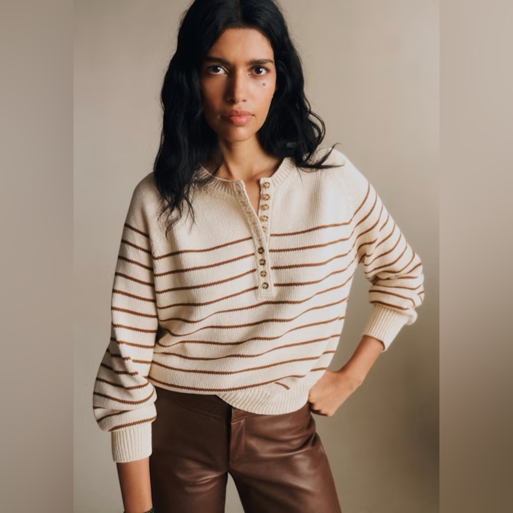 NWT French Connection Cream Sweater with Brown Stripes and Henley Buttons